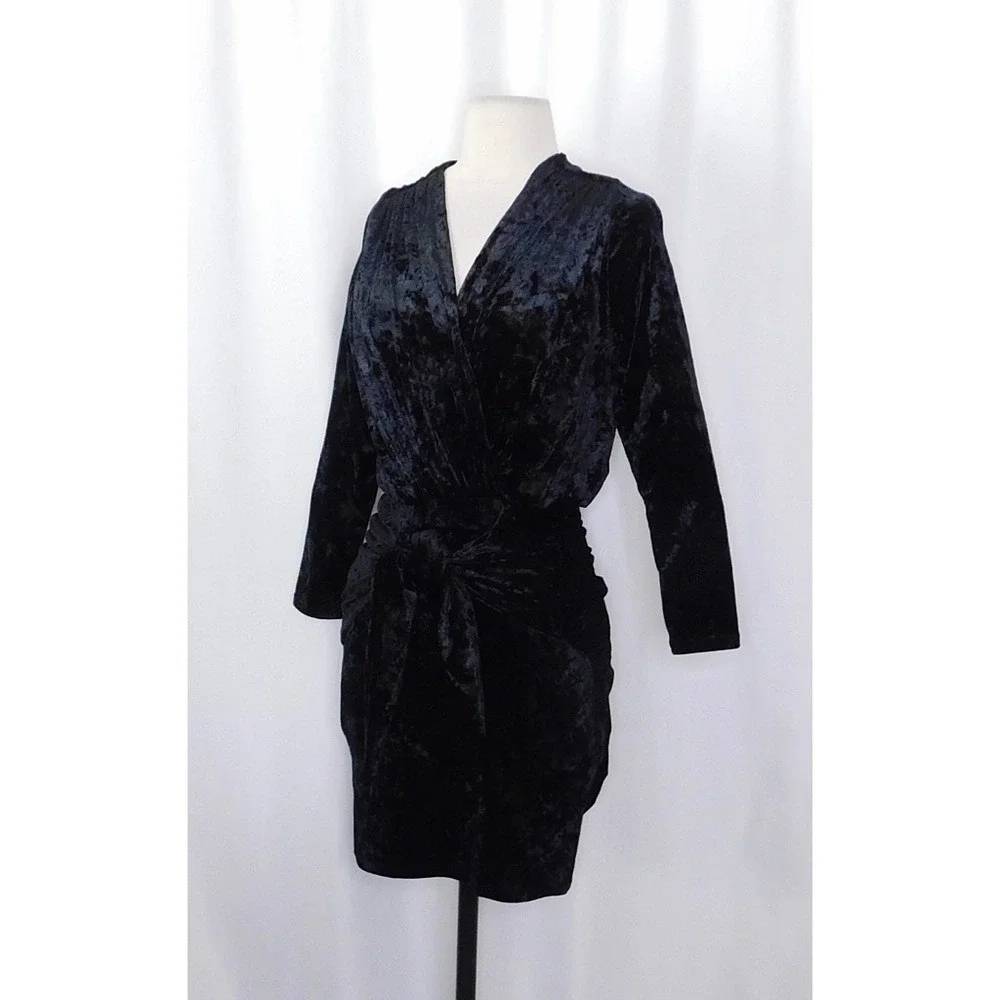 MISA Los Angeles Ophelie Black Crushed Velvet Tie Front Mini Dress Stretch Small
